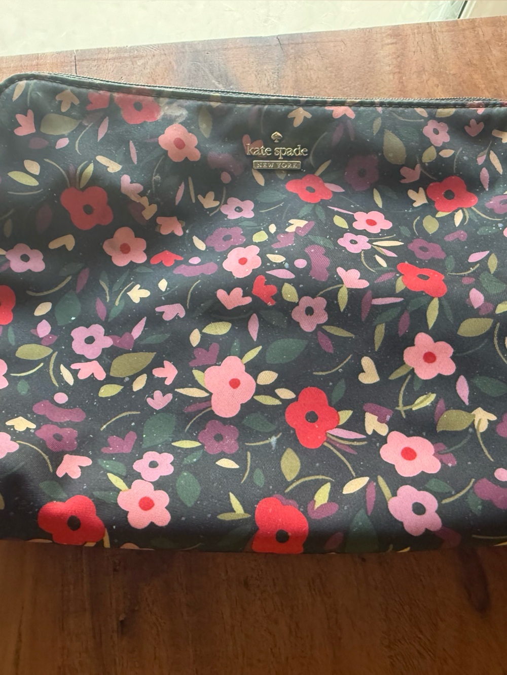 kate spade floral cosmetic pouch in black with pink & red flowers